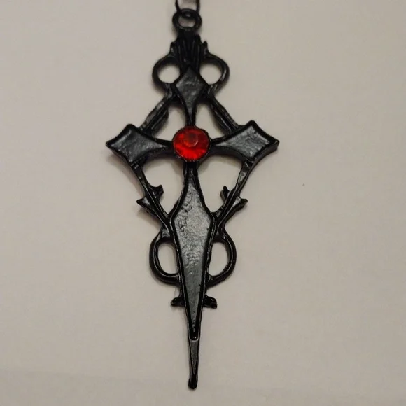 2XHP!! NWT Goth Black Witch's Cross with Red Stone Necklace!! - Picture 4 of 6